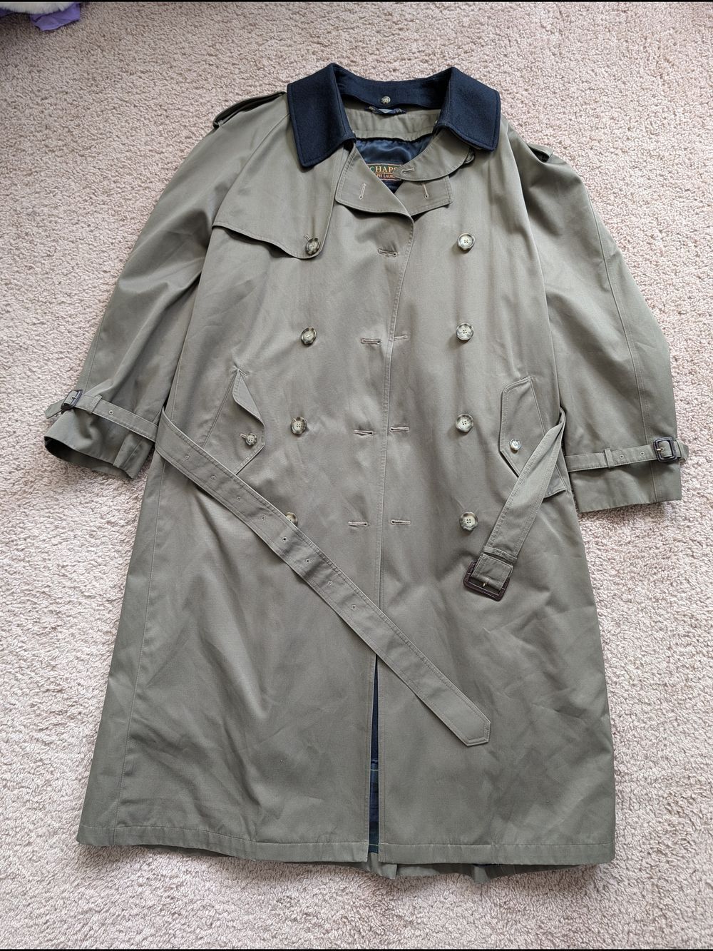 Chaps Ralph Lauren Mens Olive Green Vintage Double Breasted Trench Coat Size 46R - Picture 4 of 16